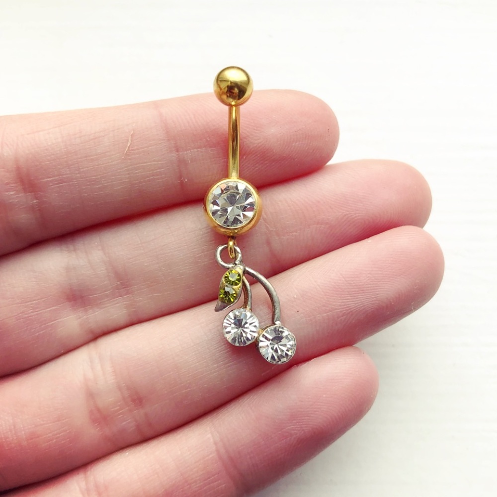 Gold & diamond rhinestone cherry bellybutton ring